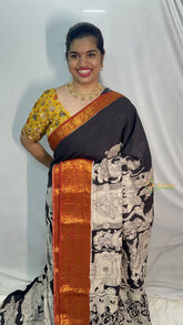 Vriksham Black & White Kalamkari Saree With Kanchi Border-VS4406